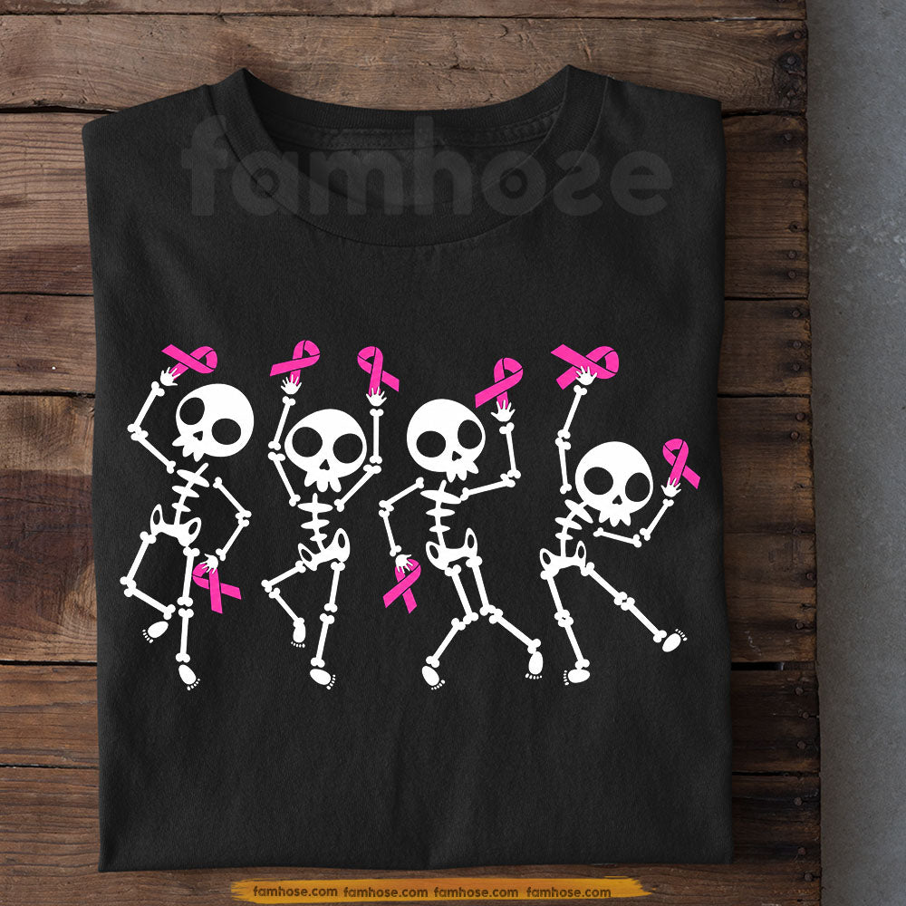 Pink Halloween & Breast Cancer Awareness T-shirt, Dancing Skeleton Pink Ribbon Tees Gift For Skeleton Lover