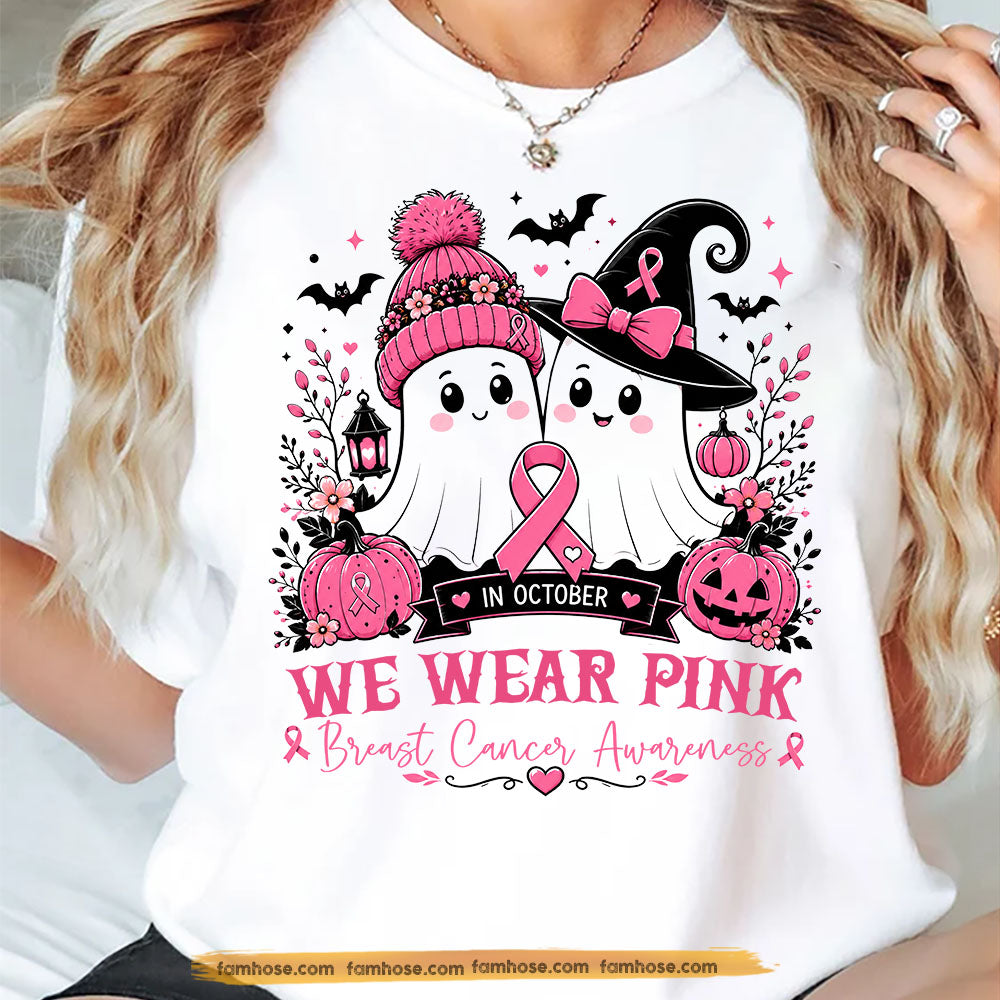 Pink Halloween & Breast Cancer Awareness T-shirt, In October We Wear Pink Ribbon Tees Gift For Ghost Lover