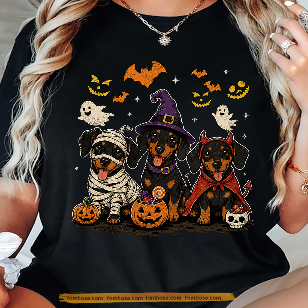 Funny Halloween Dachshund Dog T-Shirt, Cute Doxie Witch Mummy Devil Costume Tees Spooky Season Gift For Wiener Dog Lover