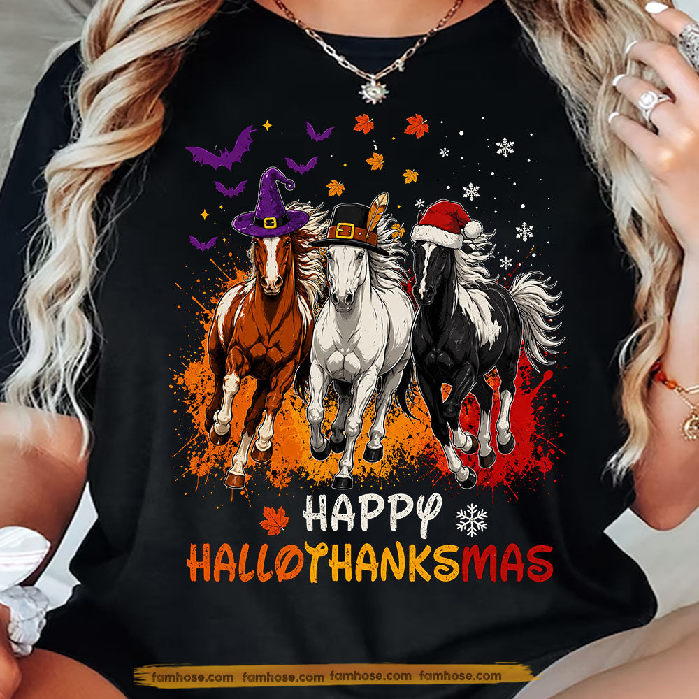 Halloween Thanksgiving Christmas Horse T-shirt, Happy Hallothanksmas Tees Spooky Season Gift For Horse Lover