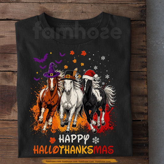Halloween Thanksgiving Christmas Horse T-shirt, Happy Hallothanksmas Tees Spooky Season Gift For Horse Lover