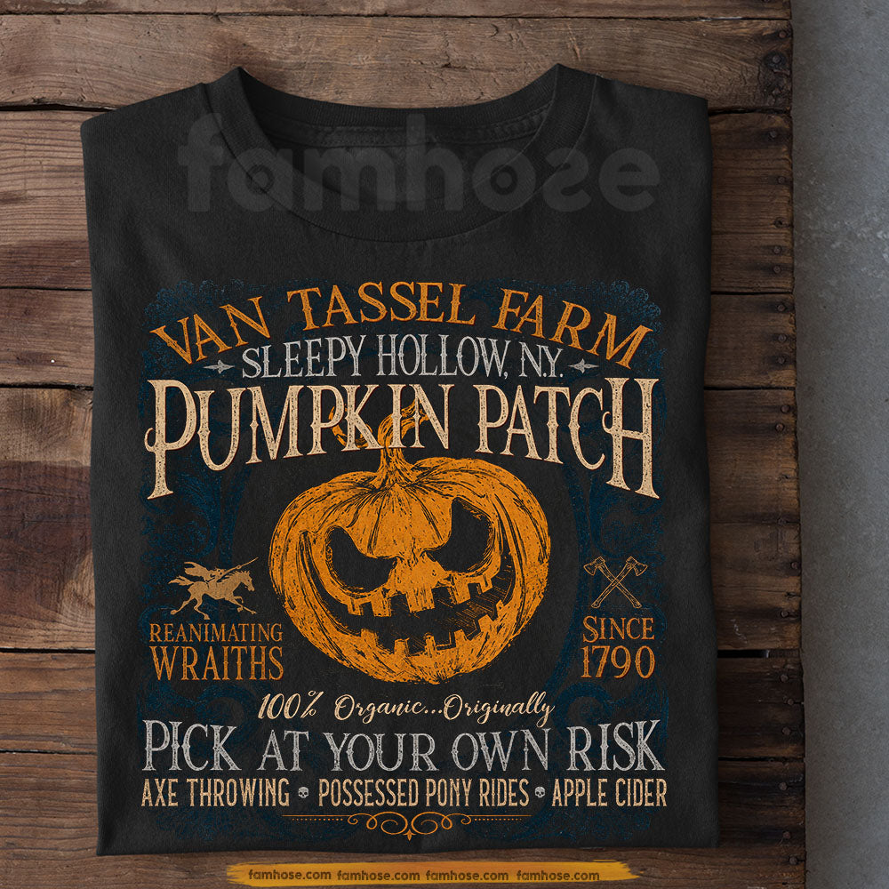 Halloween Pumpkin Patch T-Shirt, Van Tassel Farm Sleepy Hollow NY Spooky Season Tees Retro Fall Harvest Gift For Pumpkin Lover