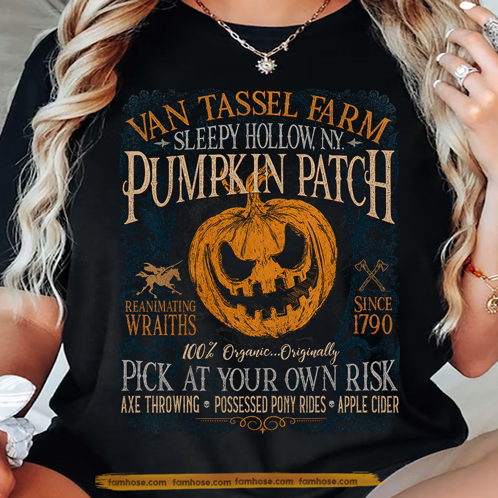 Halloween Pumpkin Patch T-Shirt, Van Tassel Farm Sleepy Hollow NY Spooky Season Tees Retro Fall Harvest Gift For Pumpkin Lover