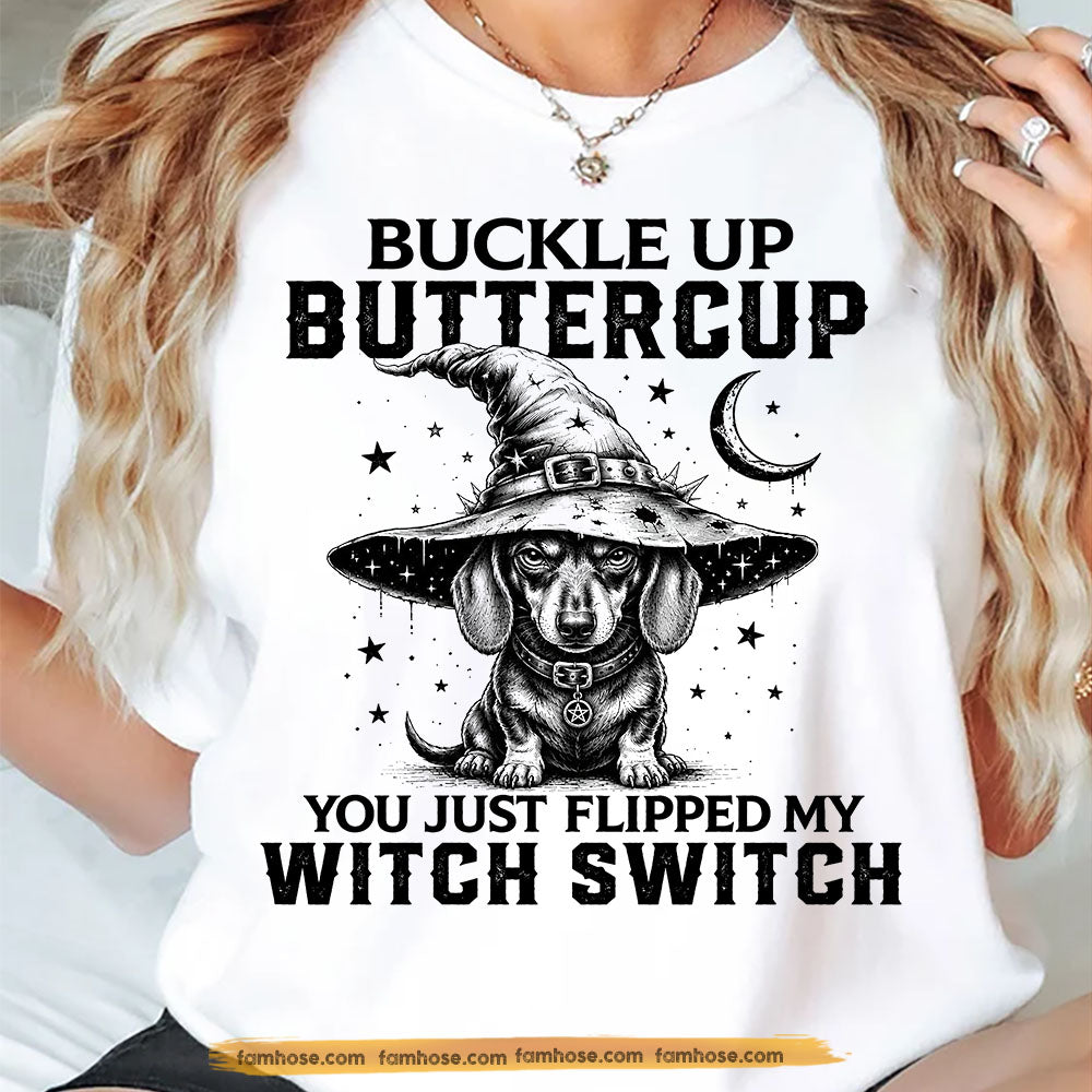 Halloween Dachshund Dog Witch T-Shirt, Buckle Up Buttercup Tees Spooky Season Gift For Wiener Dog Lover