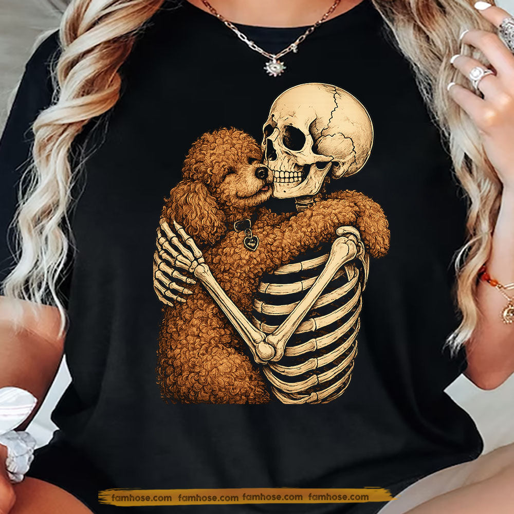 Cute Halloween Poodle & Skeleton T-Shirt, Skeleton Hugging Dog Tees Spooky Season Gift For Poodle Dog Lover