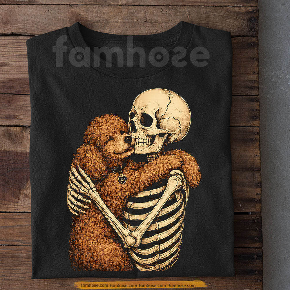 Cute Halloween Poodle & Skeleton T-Shirt, Skeleton Hugging Dog Tees Spooky Season Gift For Poodle Dog Lover