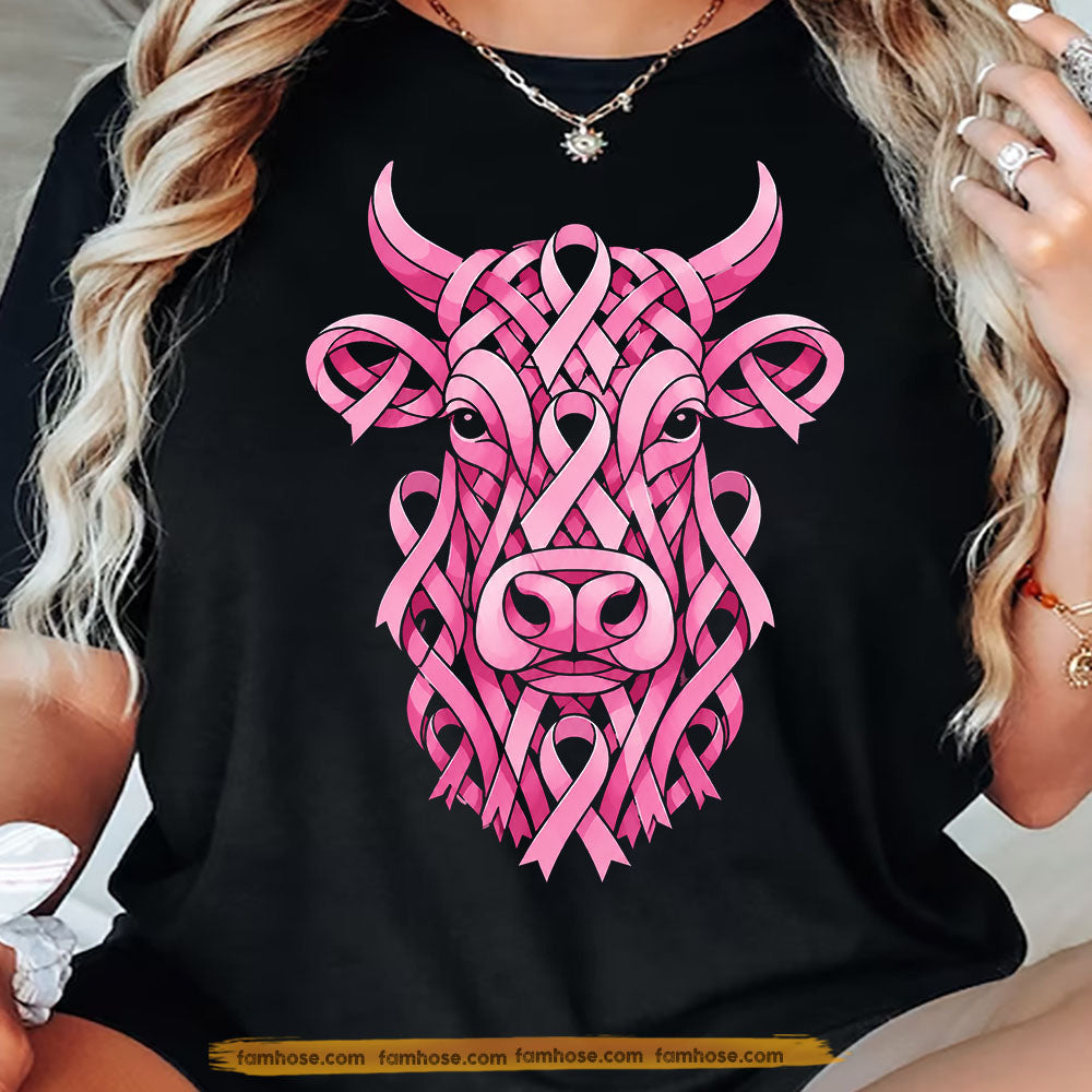 Breast Cancer Awareness Cow T-shirt, Pink Ribbon Farm Cow Tees Gift For Cow Lover