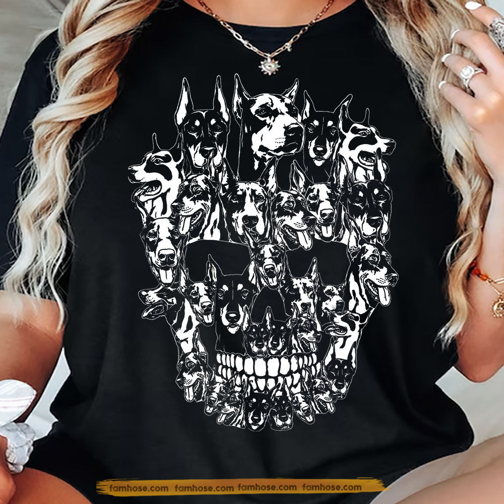 Halloween Dobermann Dog Skull T-Shirt, Gothic Dobermann Dog Graphic Tees Spooky Season Gift For Dog Lover