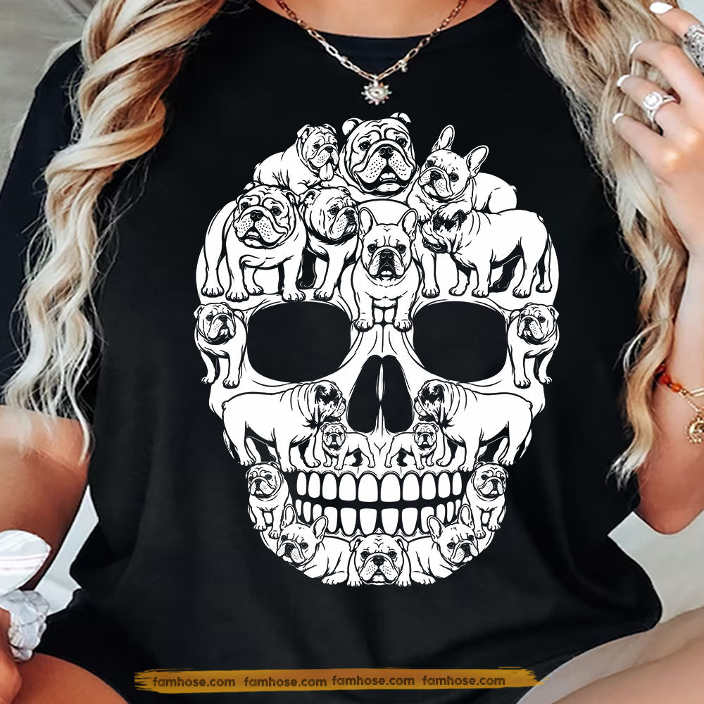 Halloween French Bulldog Dog Skull T-Shirt, Gothic French Bulldog Graphic Tees Spooky Season Gift For Dog Lover