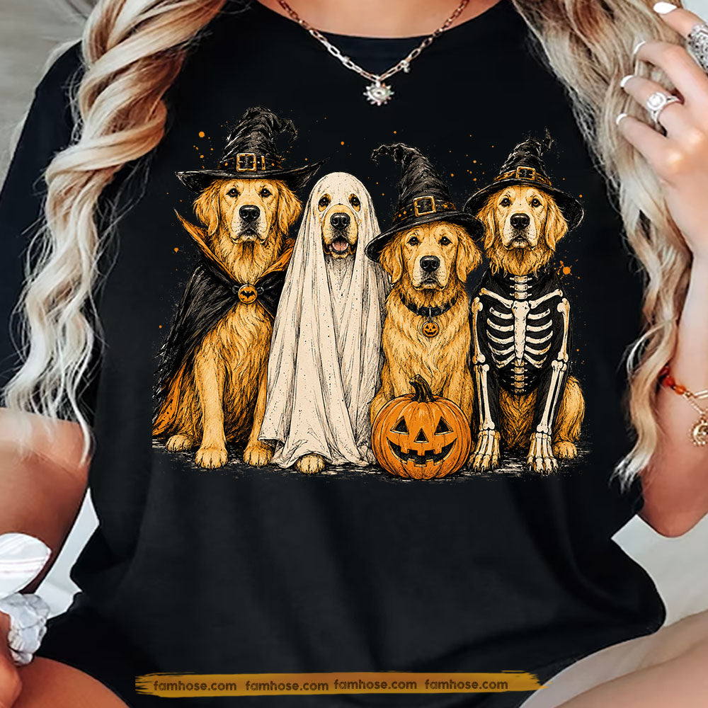Halloween Golden Retriever Witch T-Shirt, Witch Ghost Skeleton Dog Costume Tees Spooky Season Gift For Dog Lover