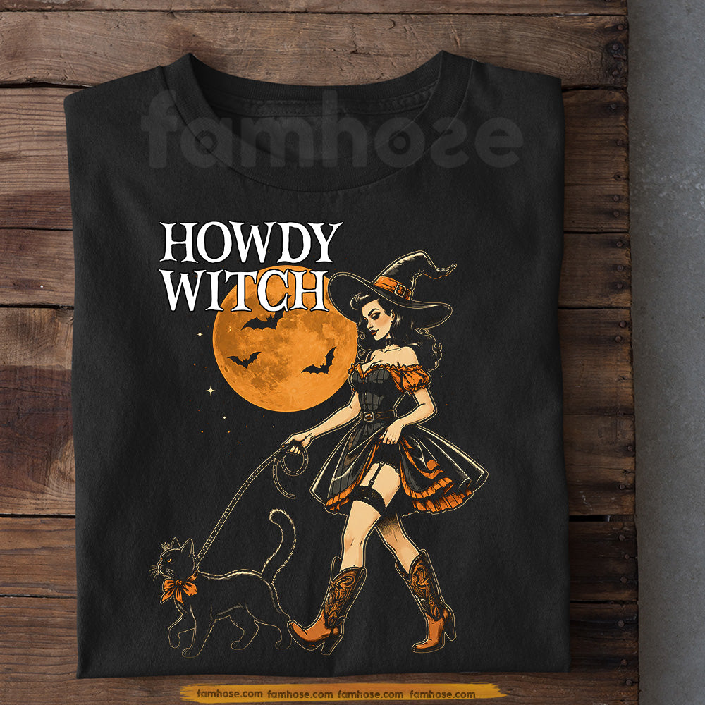 Halloween Western Cowgirl Witch T-Shirt, Howdy Witch Black Cat Tees Spooky Season Gift For Cowgirls