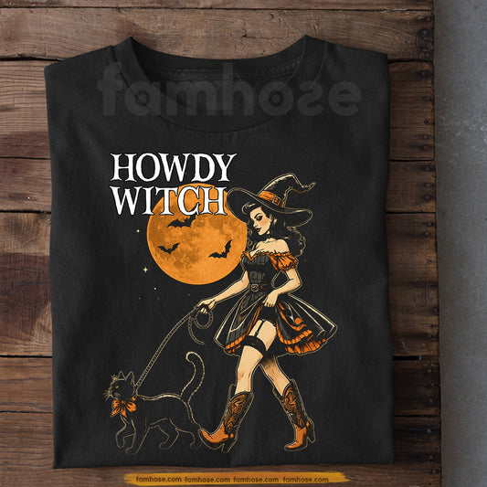 Halloween Western Cowgirl Witch T-Shirt, Howdy Witch Black Cat Tees Spooky Season Gift For Cowgirls