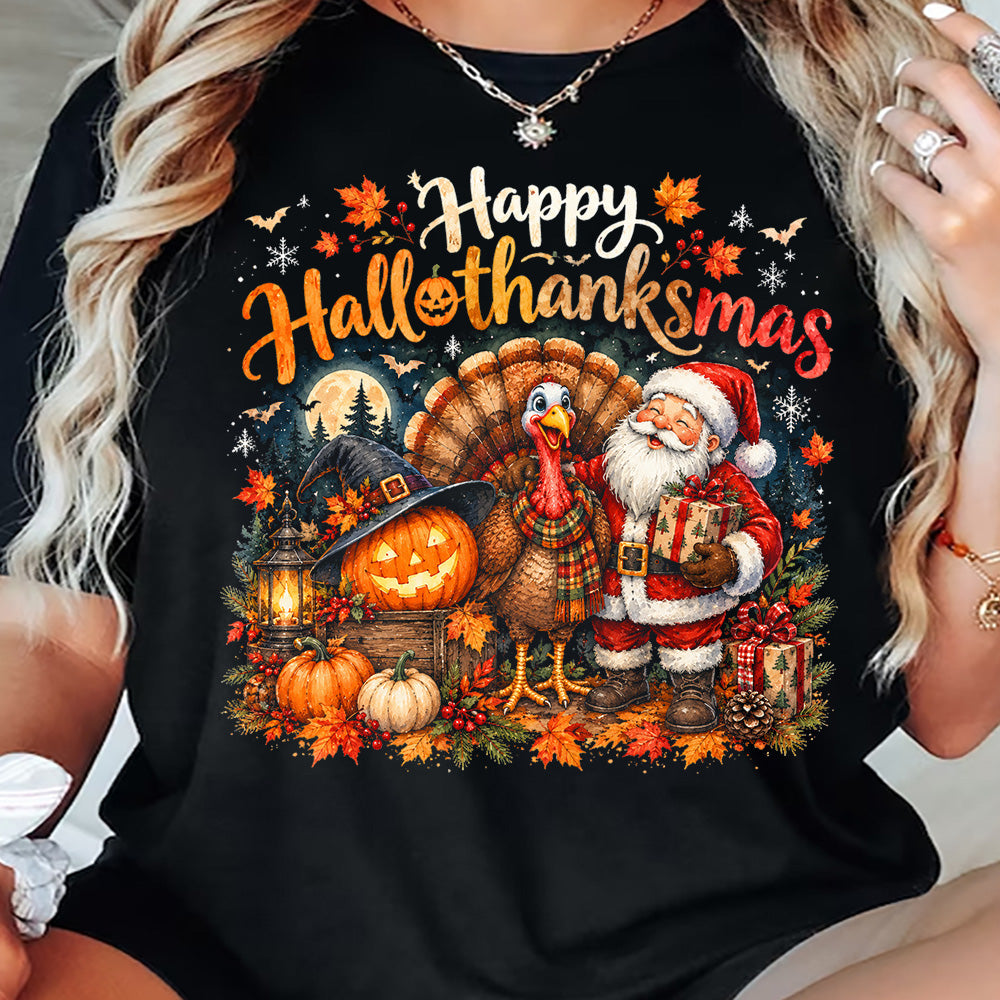 Vintage Thanksgiving Halloween Christmas Turkey T-shirt, Happy Hallothanksmas Thankful Tees Spooky Season Gift For Turkey Lover