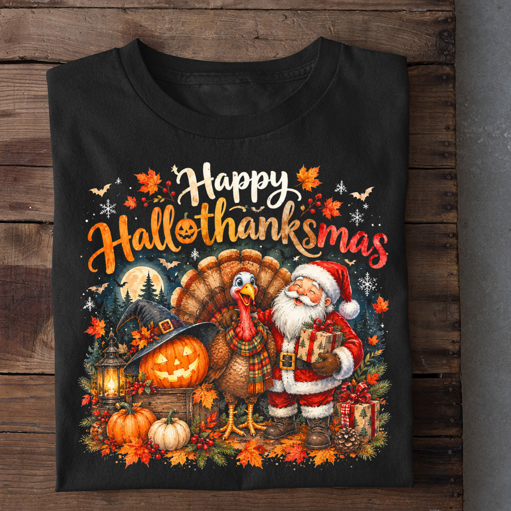 Vintage Thanksgiving Halloween Christmas Turkey T-shirt, Happy Hallothanksmas Thankful Tees Spooky Season Gift For Turkey Lover