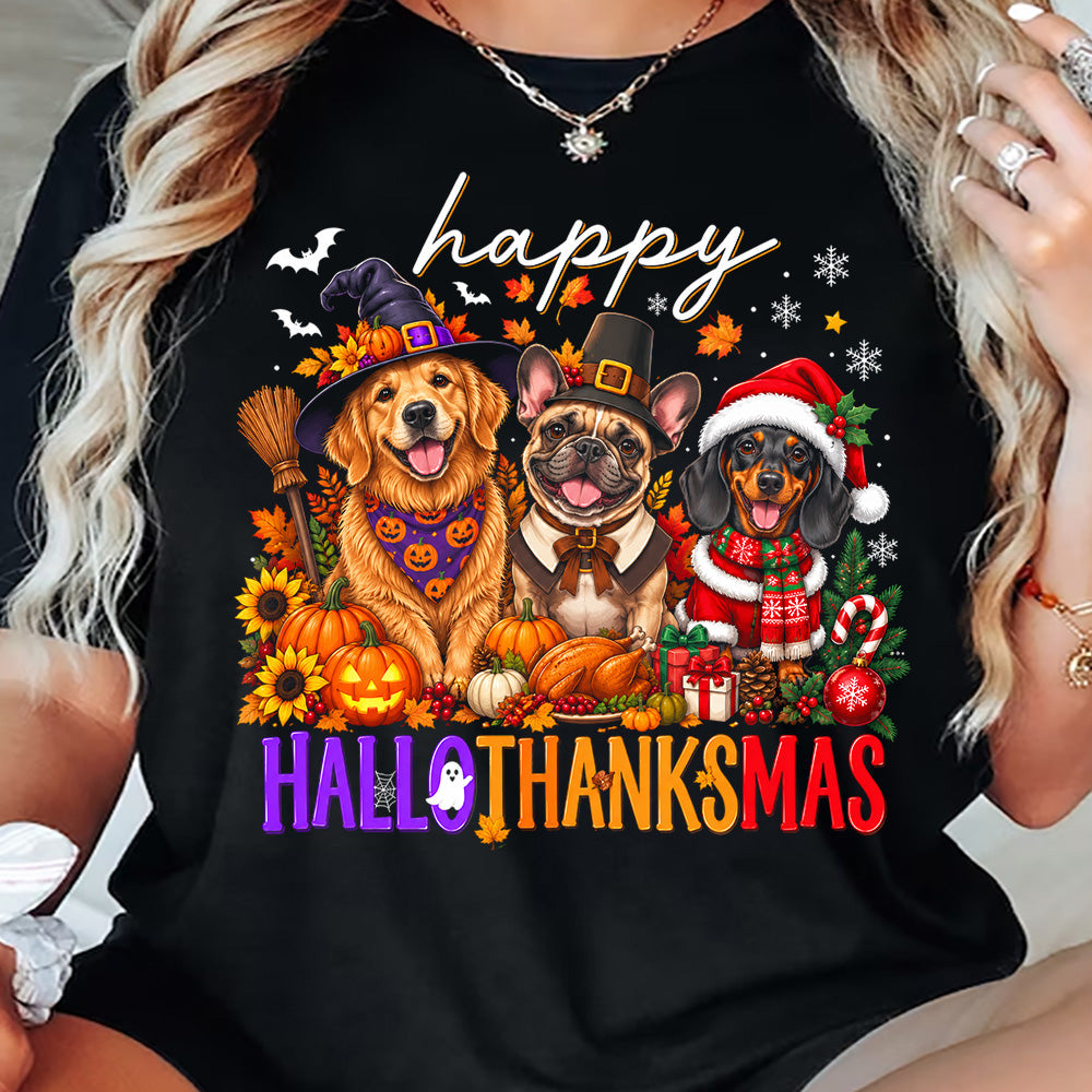 Thanksgiving Halloween Christmas Dog T-shirt, Happy Hallothanksmas Thankful Tees Spooky Season Gift For Dog Lover