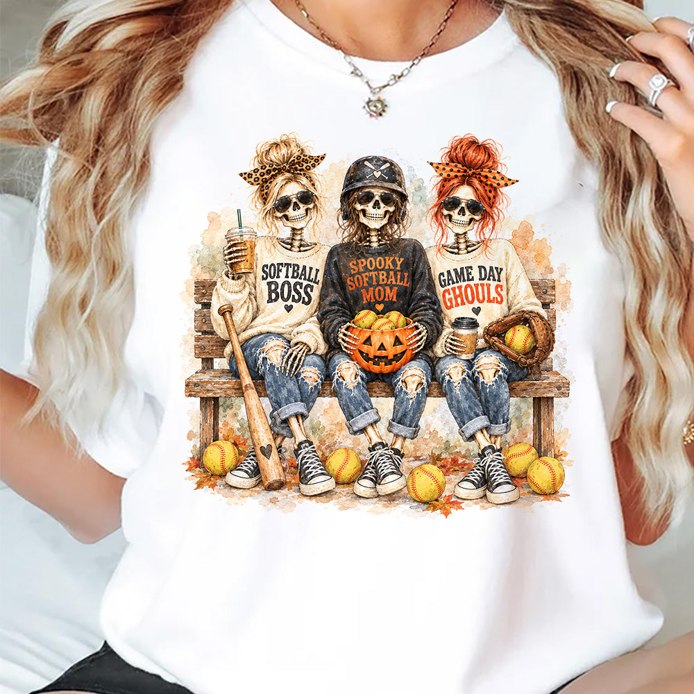 Halloween Softball Mom Skeleton T-shirt, Softball Moms Never Die Tees Spooky Season Gift For Softball Lover