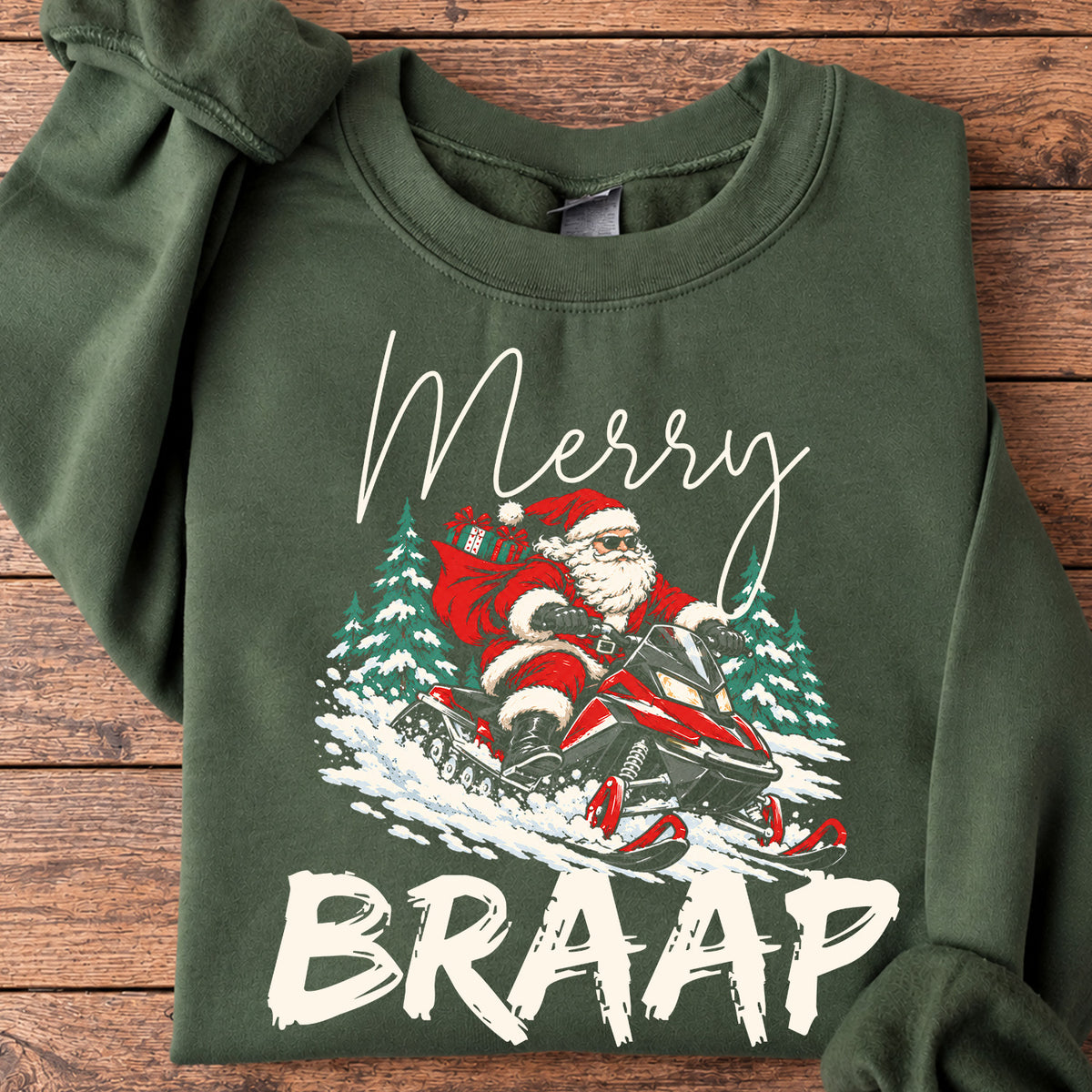 Funny Christmas Snowmobile Santa Sweatshirt, Mery Braap Crewneck Sweatshirt Xmas Gift For Snowmobiling Lover