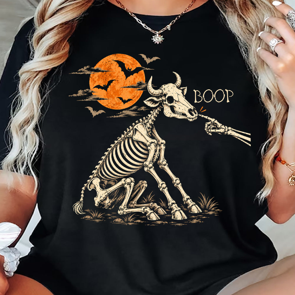 Halloween Cow Skeleton T-shirt, Just One Little Boop Tees Spooky Season Gift For Cow Lovers