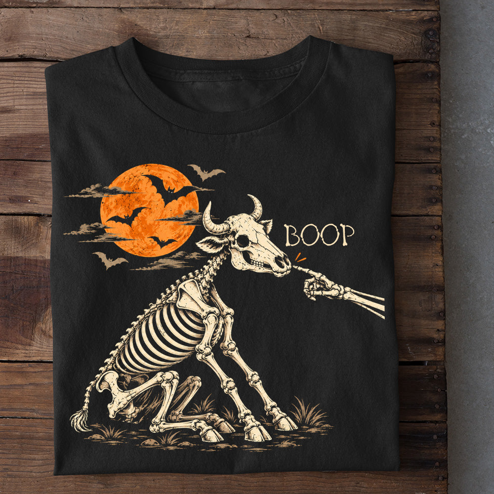 Halloween Cow Skeleton T-shirt, Just One Little Boop Tees Spooky Season Gift For Cow Lovers