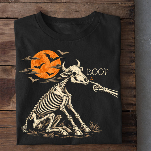Halloween Cow Skeleton T-shirt, Just One Little Boop Tees Spooky Season Gift For Cow Lovers