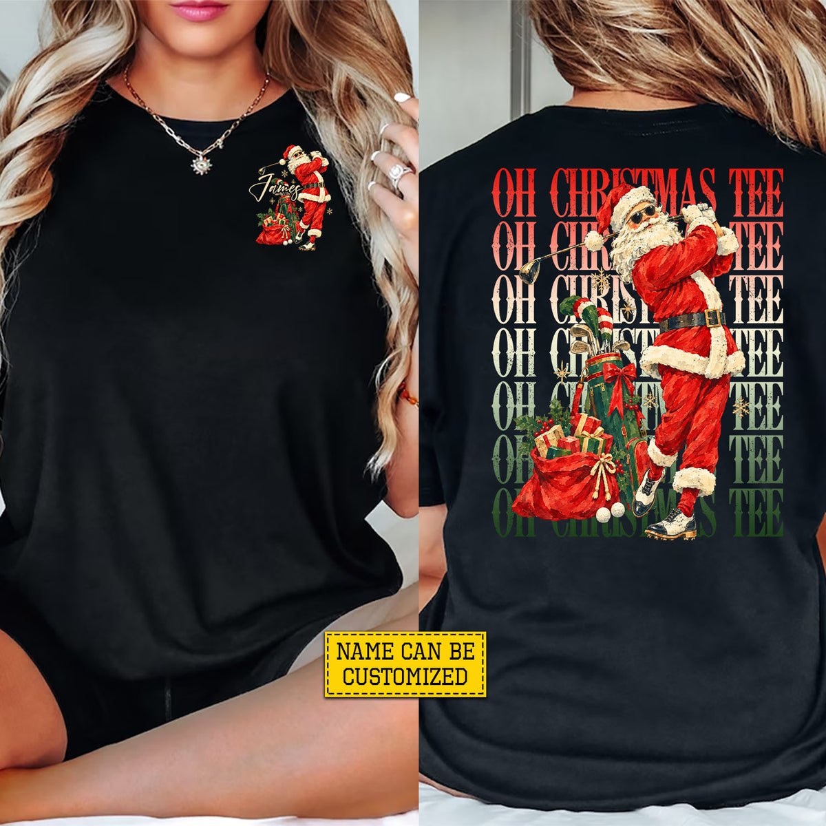 Personalized Christmas Santa Claus Playing Golf Two-sided T-shirt, Oh Christmas Tees, Xmas Gift For Golf Lover