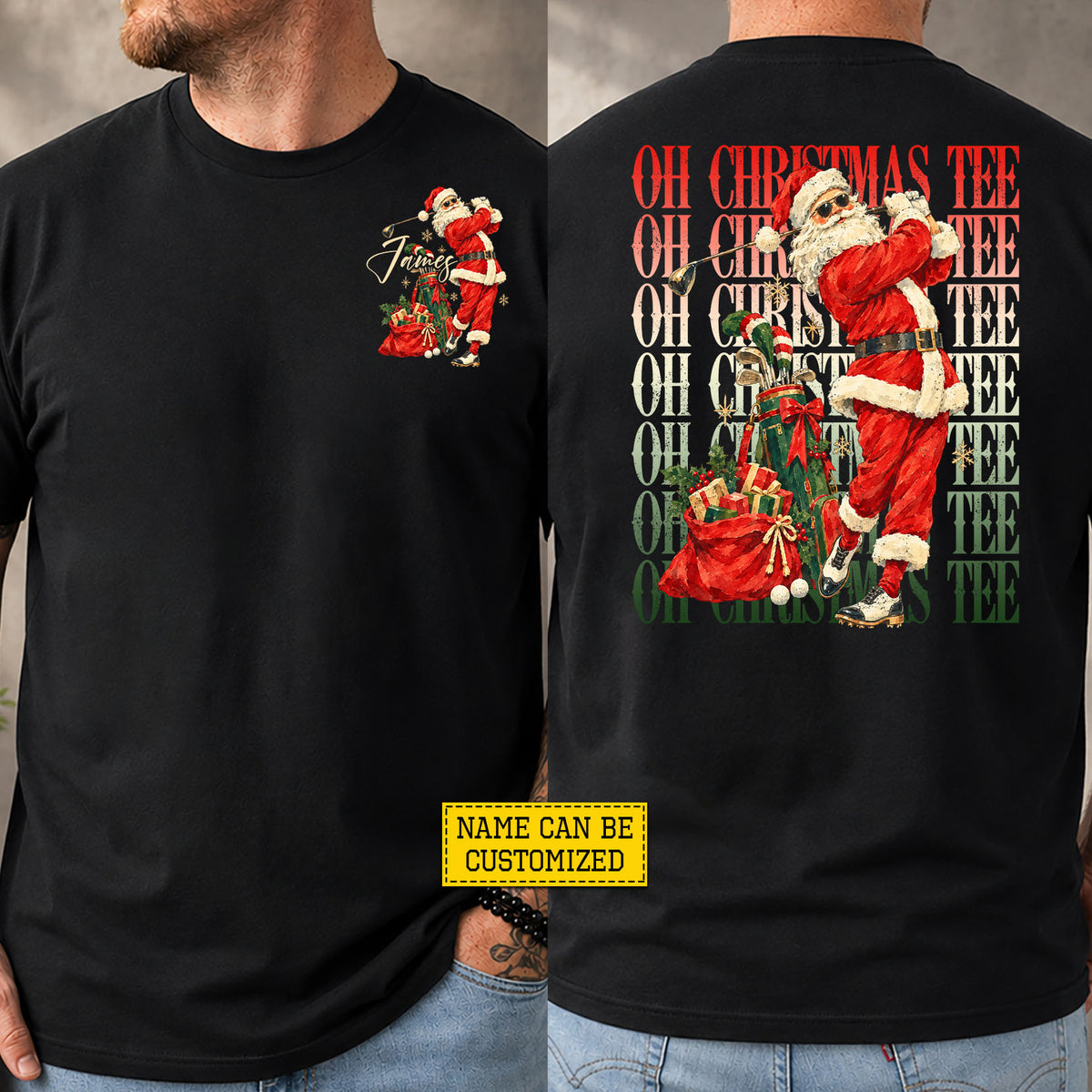 Personalized Christmas Santa Claus Playing Golf Two-sided T-shirt, Oh Christmas Tees, Xmas Gift For Golf Lover