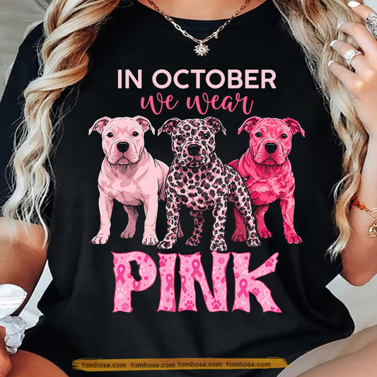 Pitbull Dog T-shirt, In October We Wear Pink Tees Gift For Pitbull Lovers Who Support Breast Cancer Awareness