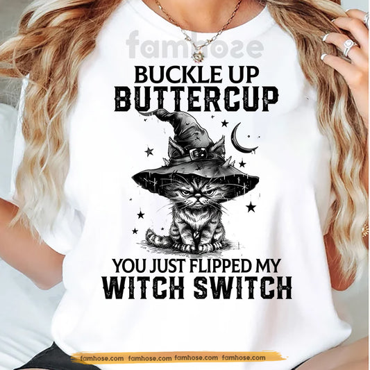 Halloween Cat T-shirt, Cat Witch Switch, Spooky Season Gift For Cat Lovers, Cat Owners Tee