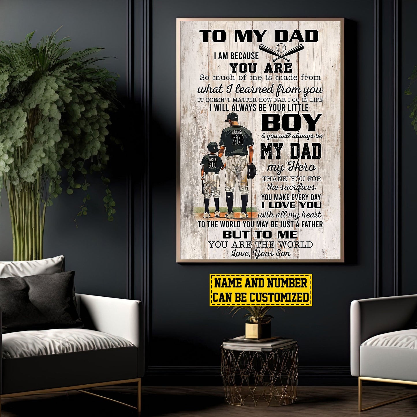 Personalized Baseball Boy Canvas Painting, To My Dad Your Little Boy, Inspirational Quotes Baseball Wall Art Decor, Father's Day Poster Gift For Dad From Son