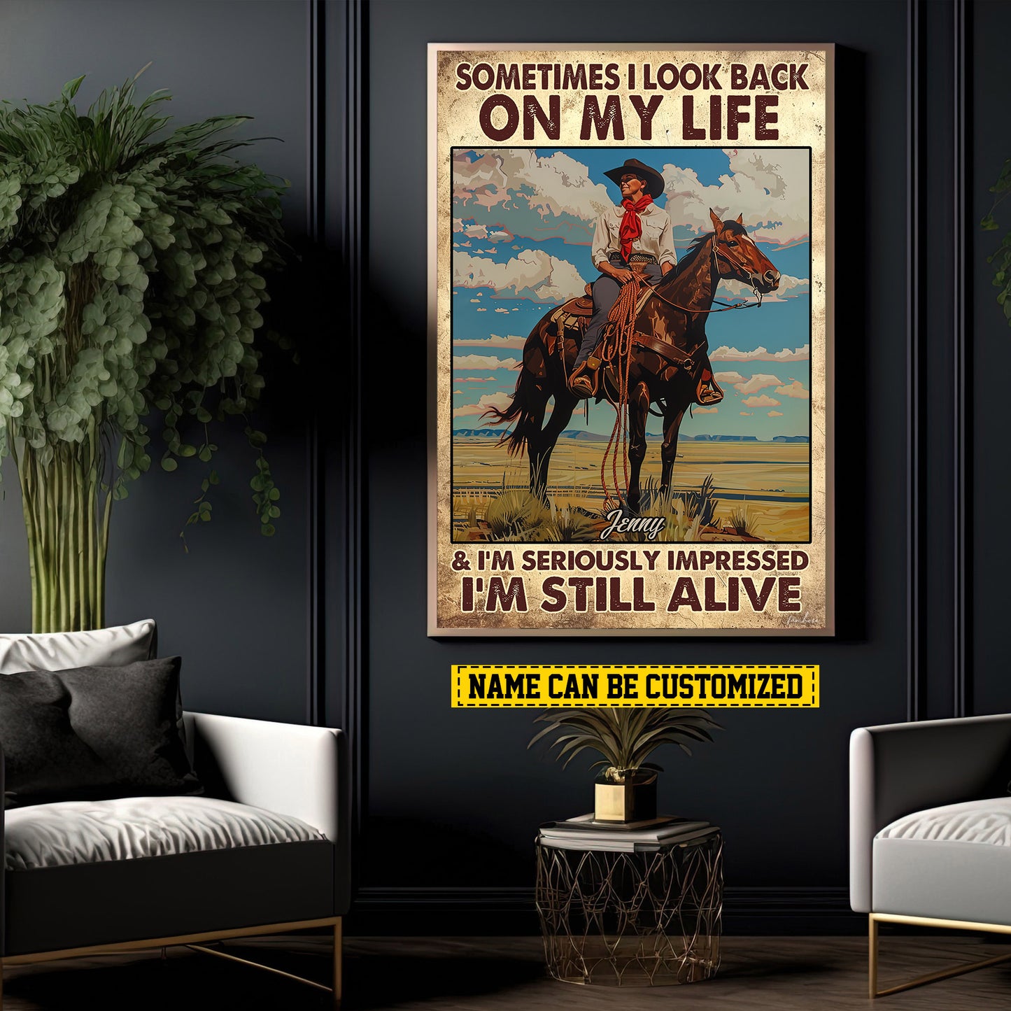 Look Back On My Life, Personalized Motivational Cowboy Canvas Painting, Horse Quotes Wall Art Decor, Gift For Cowboy Lovers, Horse Lovers