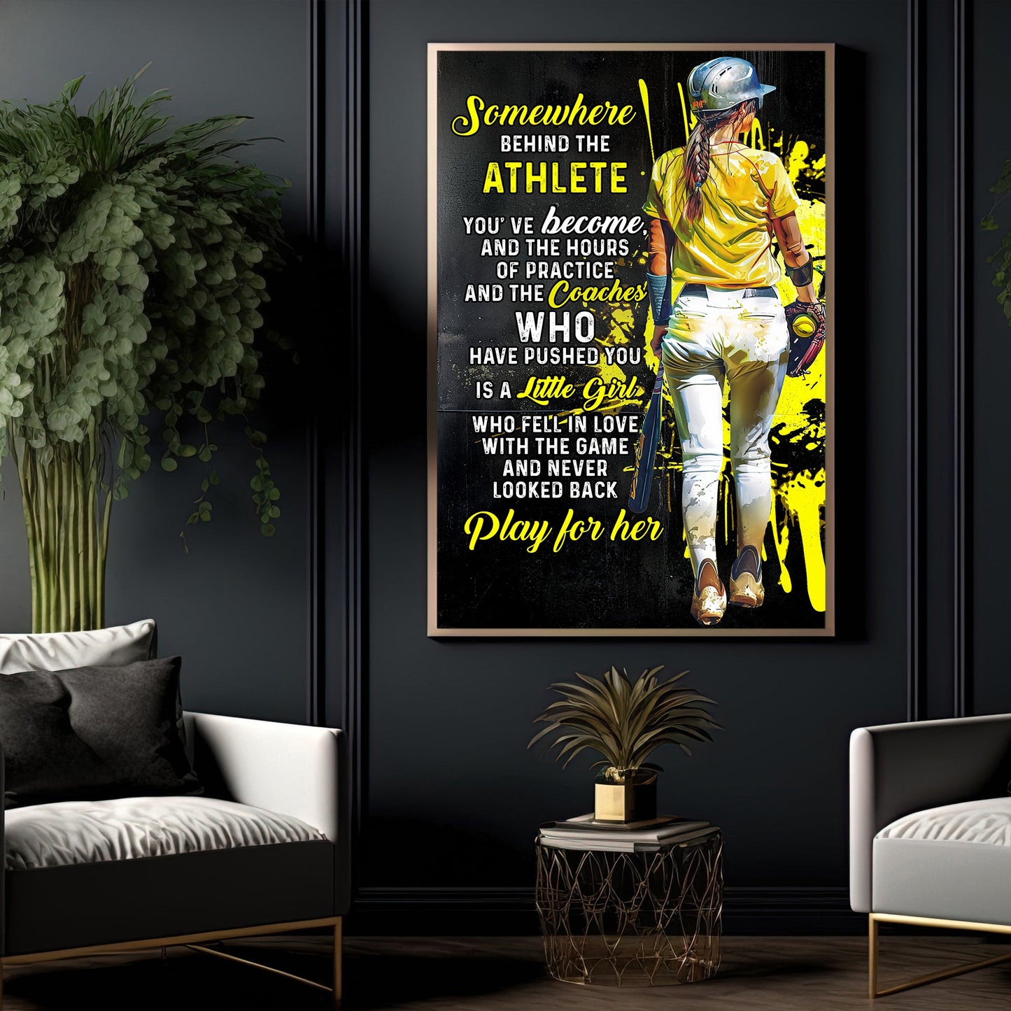 Somewhere Behind The Athlete Play For Her, Motivational Softball Canvas Painting, Inspirational Quotes Wall Art Decor, Poster Gift For Softball Lovers