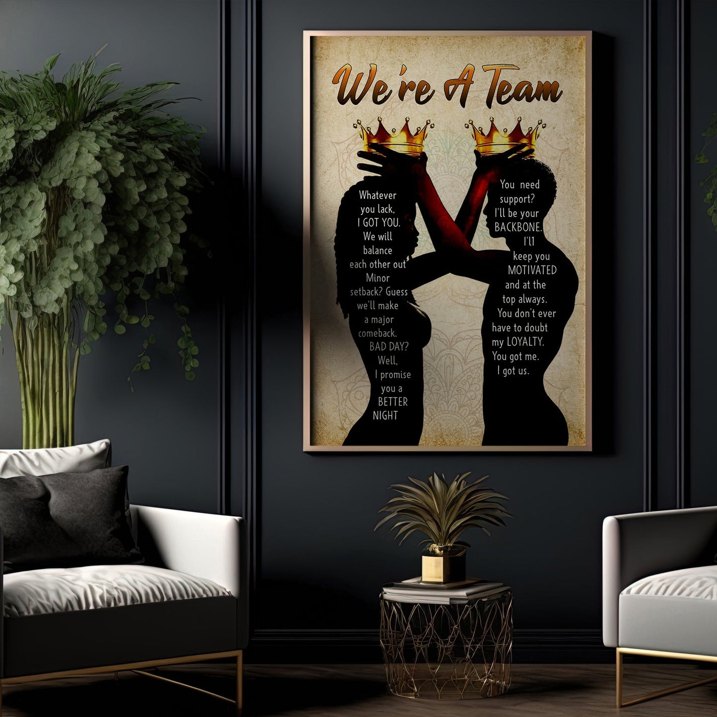 Black King And Black Queen We're A Team, African American Canvas Painting, Motivation Wall Art Decor, Inspirational Quotes Poster