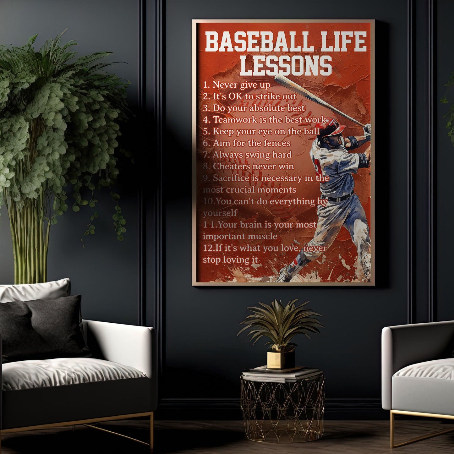 Baseball Life Lessons Never Give Up, Motivational Canvas Painting, Inspirational Quotes Wall Art Decor, Poster Gift For Baseball Lovers