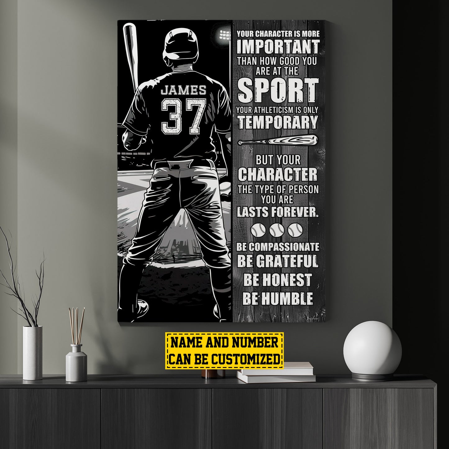 Personalized Baseball Boy Canvas Painting, Be Grateful Be Honest Be Humble, Inspirational Quotes Wall Art Decor, Poster Gift For Baseball Lovers, Baseball Boy Players