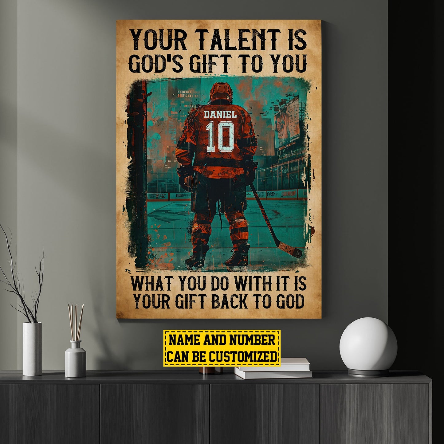 Personalized Motivational Hockey Canvas Painting, Your Talent Is God's Gift To You, Inspirational Quotes Wall Art Decor, Poster Gift For Hockey Lovers