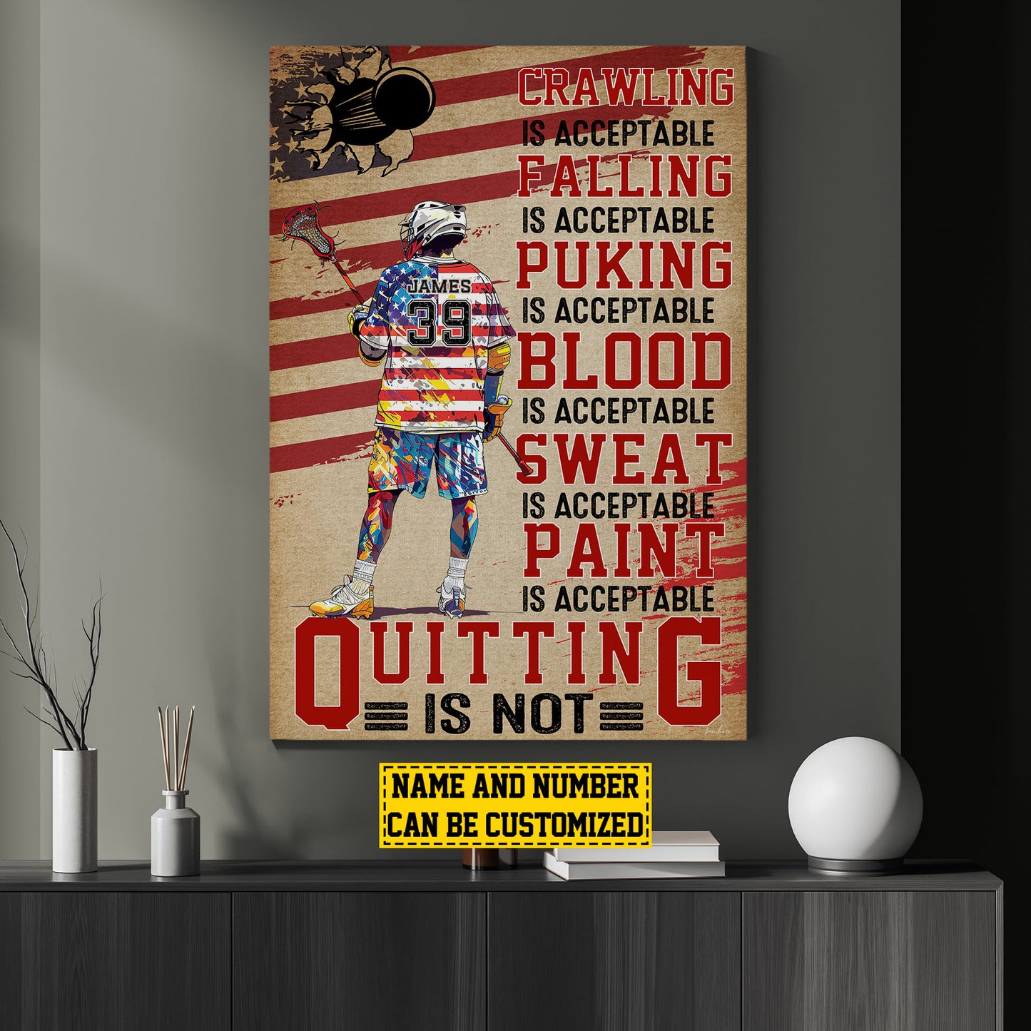 Quitting Is Not, Personalized Lacrosse Boy Canvas Painting, Inspirational Quotes Wall Art Decor, Poster Gift For Lacrosse Lovers, Lacrosse Boy Players