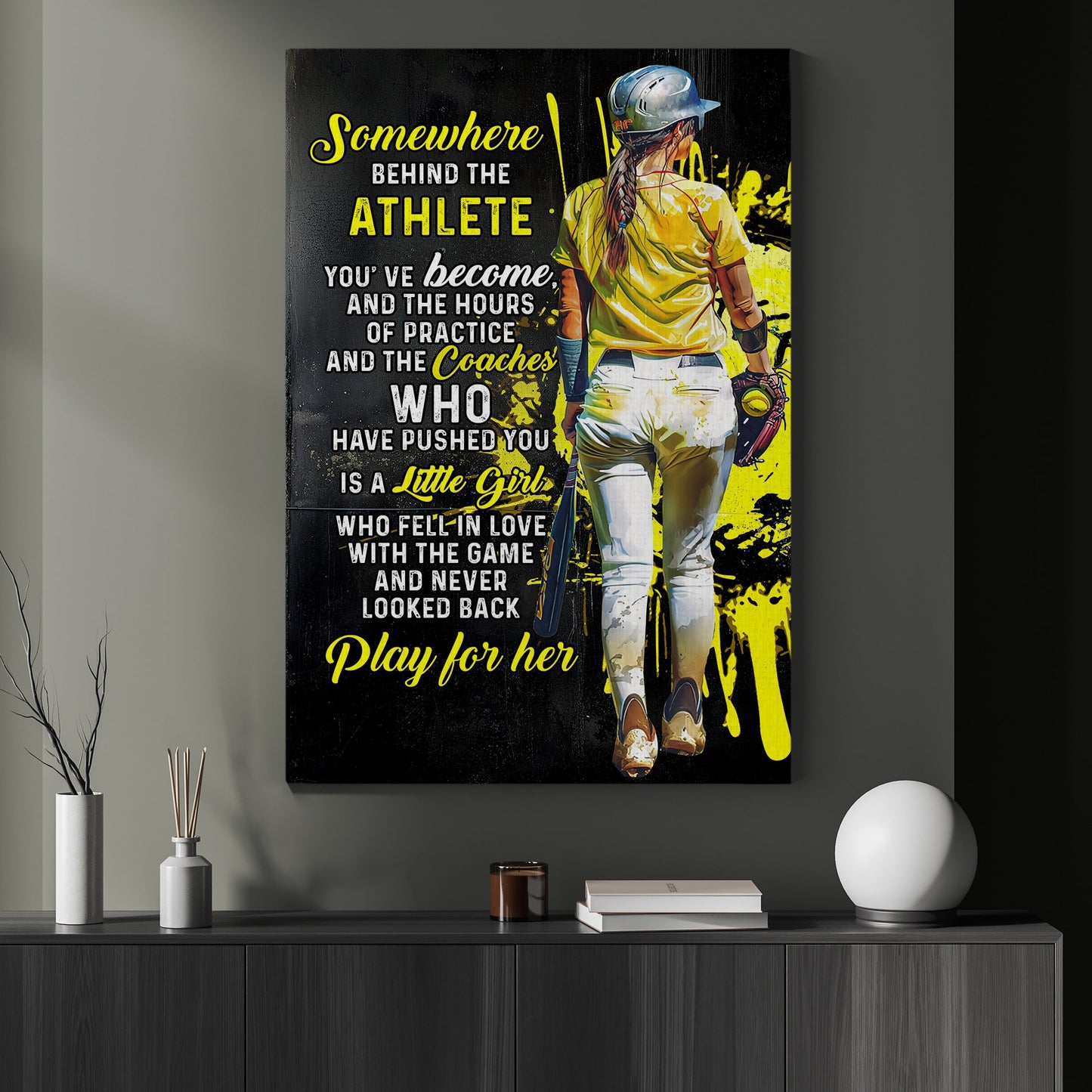 Somewhere Behind The Athlete Play For Her, Motivational Softball Canvas Painting, Inspirational Quotes Wall Art Decor, Poster Gift For Softball Lovers