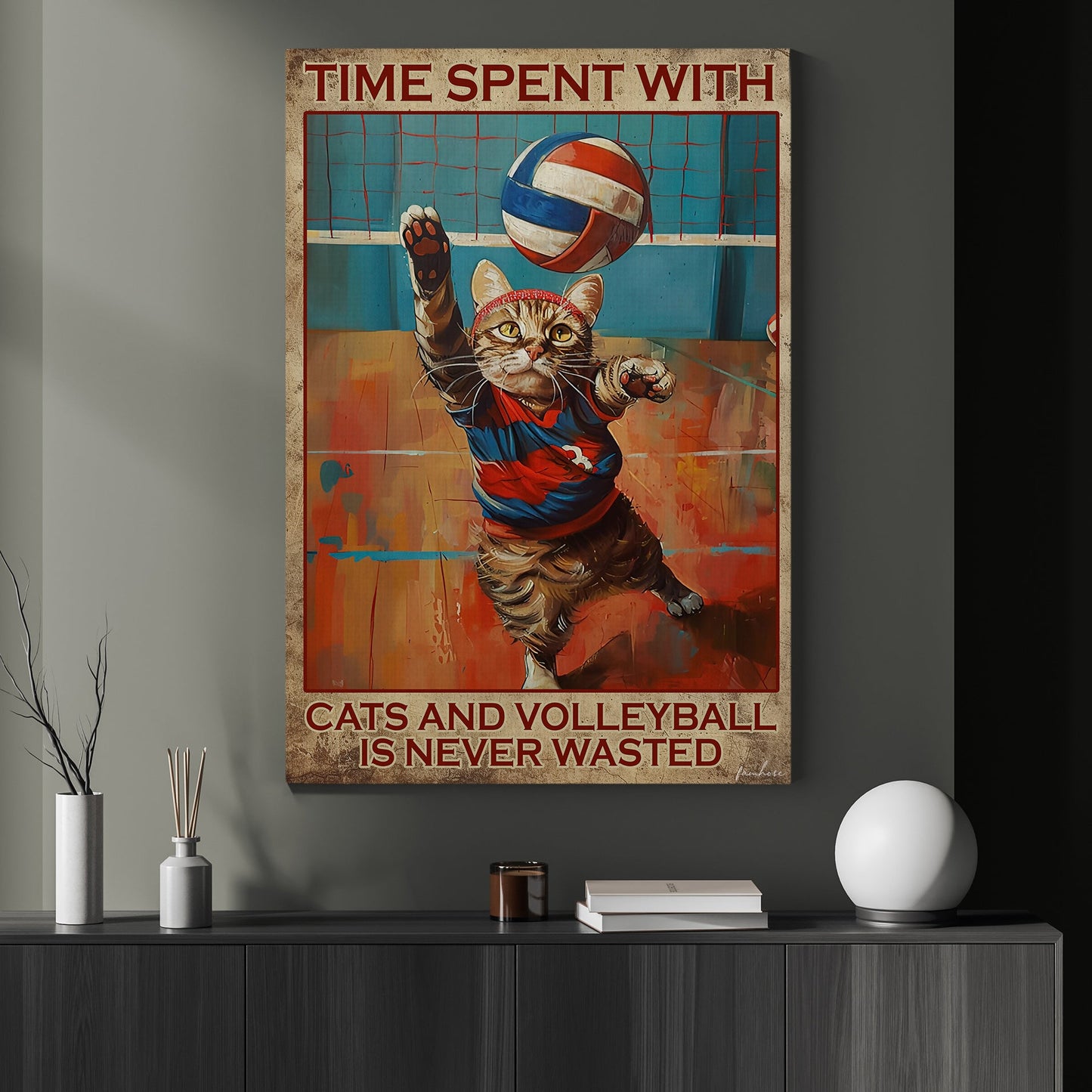 Time Spent With Cats And Volleyball, Funny Cat And Volleyball Canvas Painting, Inspirational Quotes Wall Art Decor, Poster Gift For Cat And Volleyball Lovers