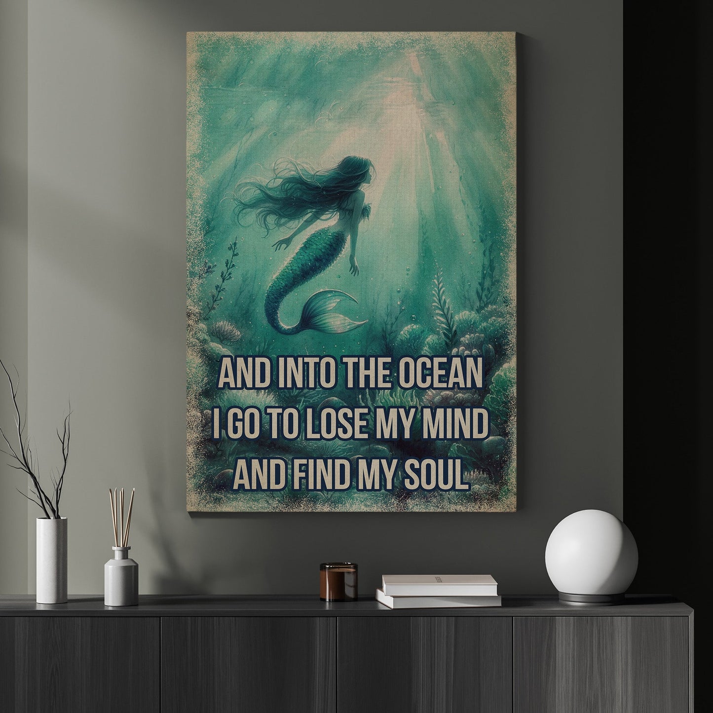 Into The Ocean Find My Soul, Motivational Canvas Painting, Inspirational Quotes Wall Art Decor, Poster Gift For Mermaid Lovers