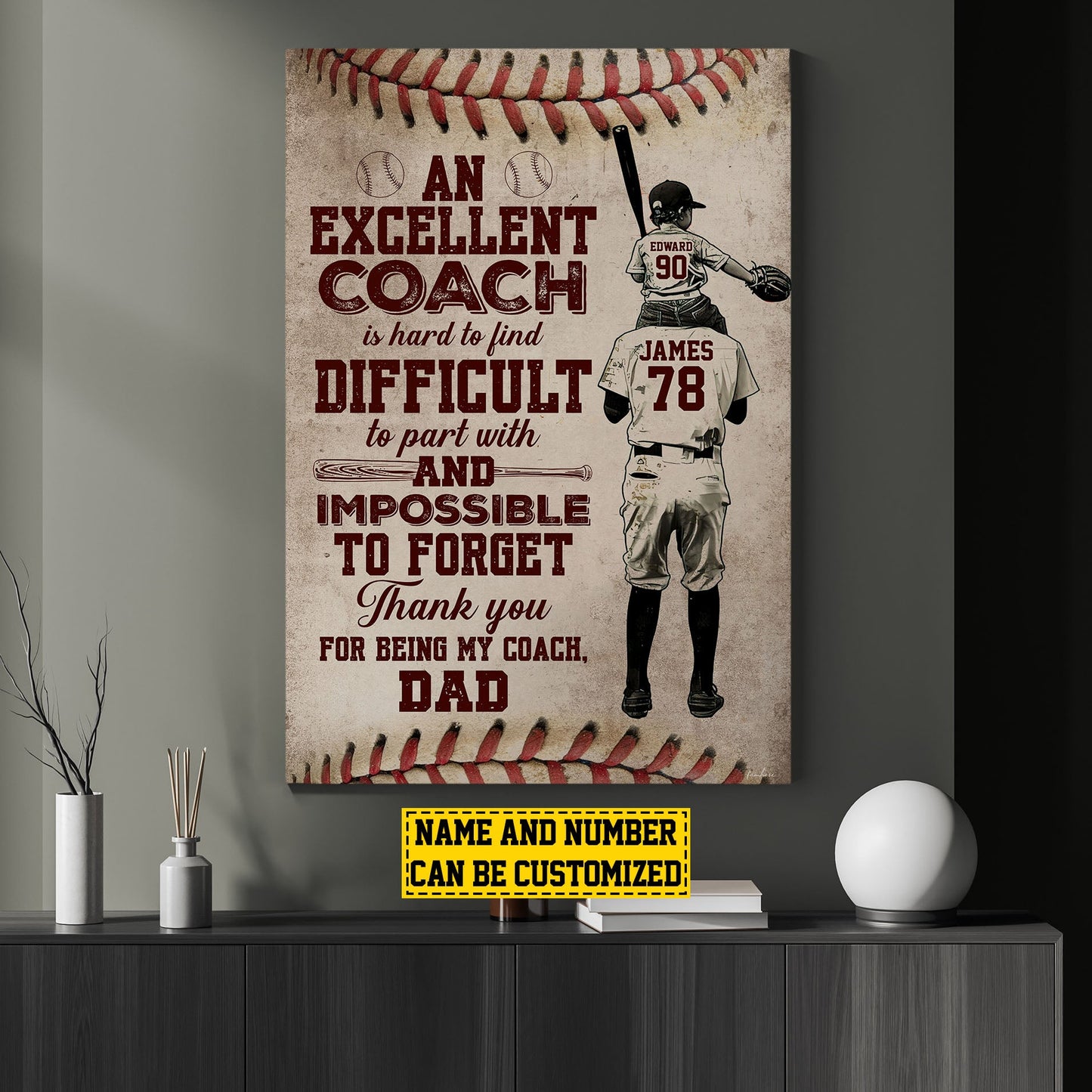 Thank You For Being My Coach Dad, Personalized Baseball Canvas Painting, Inspirational Quotes Wall Art Decor, Baseball Poster Gift For Dad Ans Son