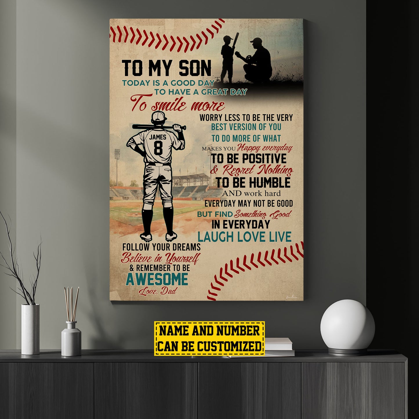 Personalized Baseball Canvas Painting, To My Son Smile More Worry Less, Sports Quotes Wall Art Decor, Poster Gift For Baseball Lovers, Gift For Son From Dad