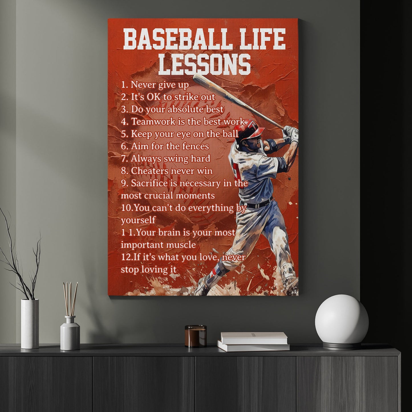 Baseball Life Lessons Never Give Up, Motivational Canvas Painting, Inspirational Quotes Wall Art Decor, Poster Gift For Baseball Lovers