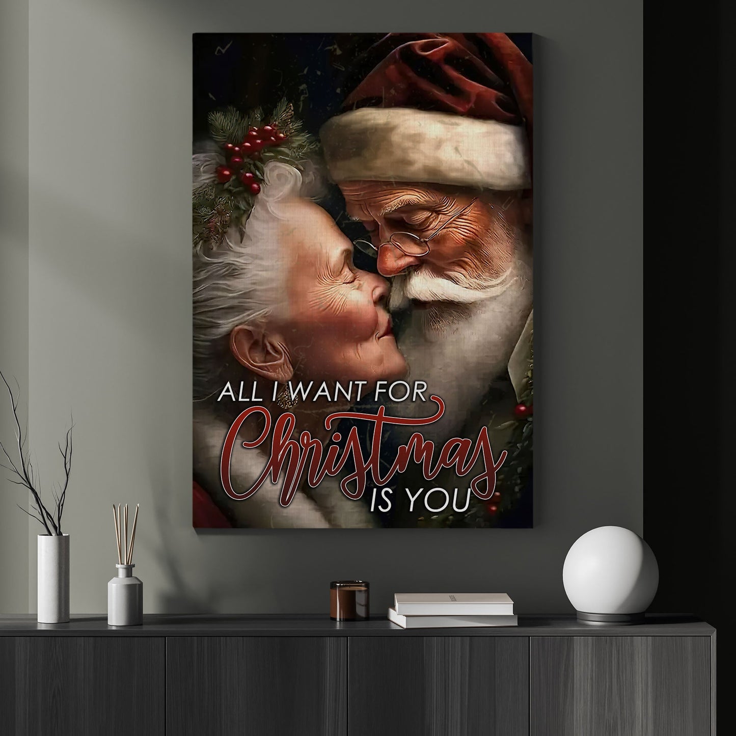 Couple Santa Claus All I Want For Christmas Is You, Santa Claus Christmas Canvas Painting, Xmas Wall Art Decor - Christmas Poster Gift