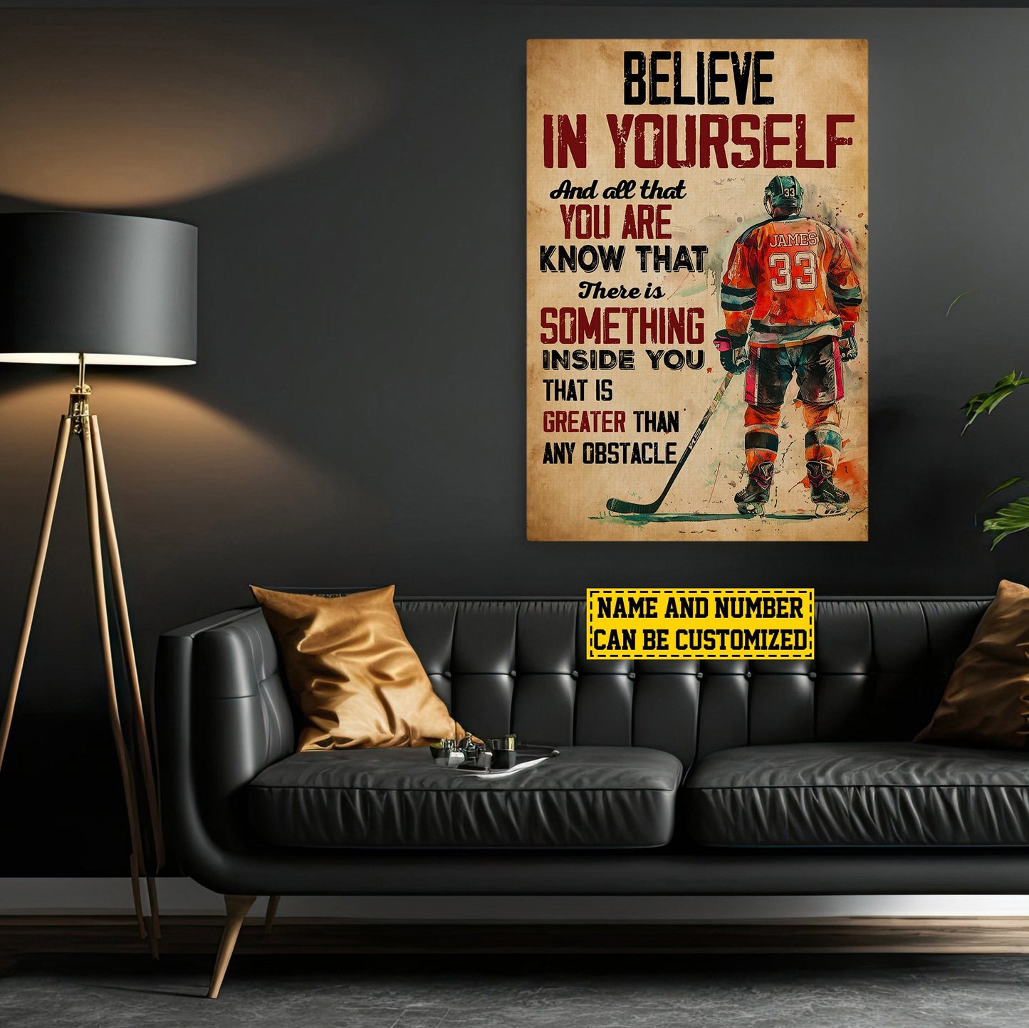 Personalized Motivational Hockey Canvas Painting, Believe In Yourself, Inspirational Quotes Wall Art Decor, Poster Gift For Hockey Lovers