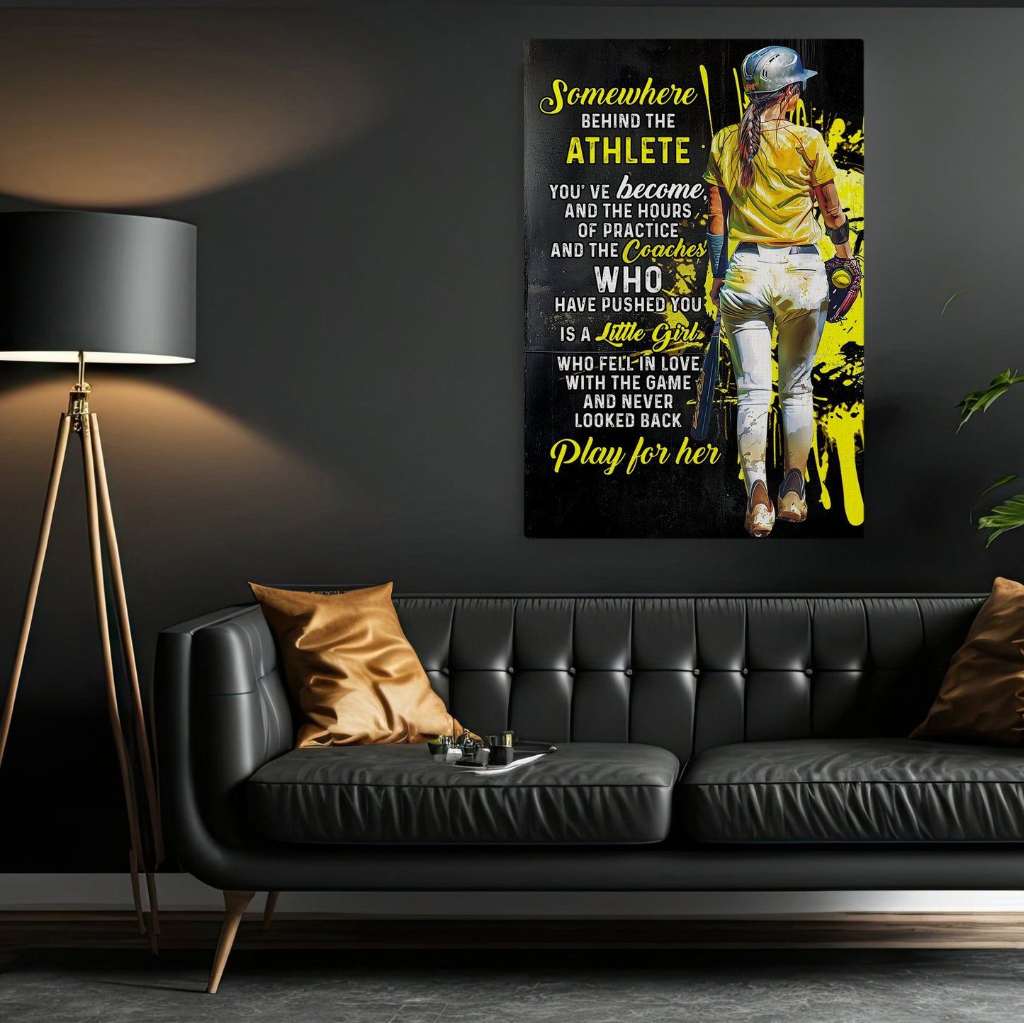 Somewhere Behind The Athlete Play For Her, Motivational Softball Canvas Painting, Inspirational Quotes Wall Art Decor, Poster Gift For Softball Lovers