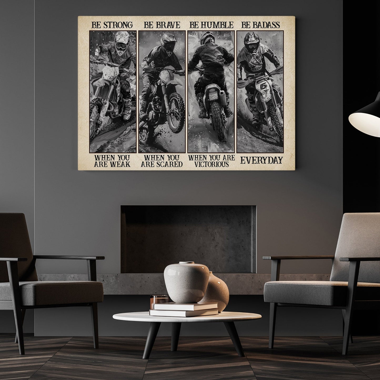 Be Strong Be Brave Be Badass, Motivational Dirt Bike Canvas Painting, Inspirational Quotes Wall Art Decor, Poster Gift For Dirt Bike Lovers