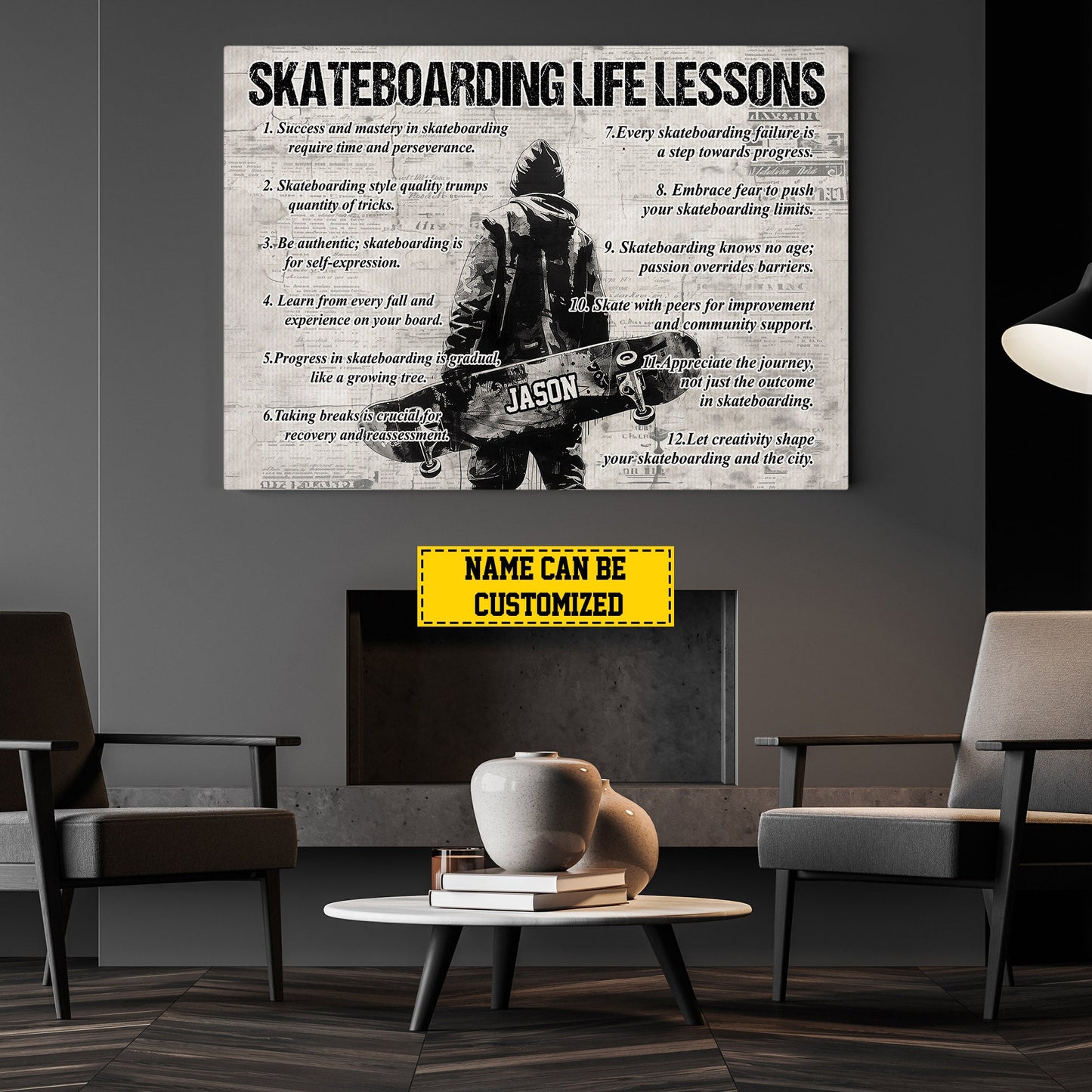 Skateboarding Life Lessons, Personalized Motivational Skateboarding Canvas Painting, Inspirational Quotes Wall Art Decor, Poster Gift For Skateboarding Lovers