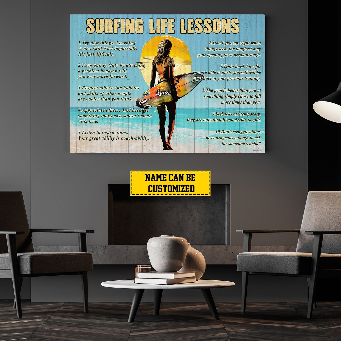 Surfing Life Lessons, Personalized Motivational Surfing Woman Canvas Painting, Inspirational Quotes Wall Art Decor, Poster Gift For Surfing Girl Lovers