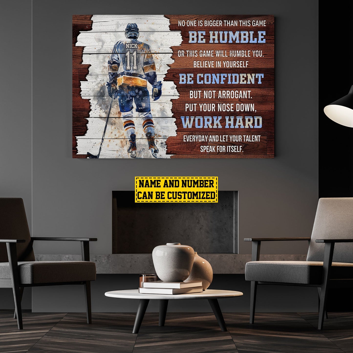 Be Humble Be Confident Work Hard, Personalized Motivational Hockey Canvas Painting, Inspirational Quotes Wall Art Decor, Poster Gift For Hockey Lovers