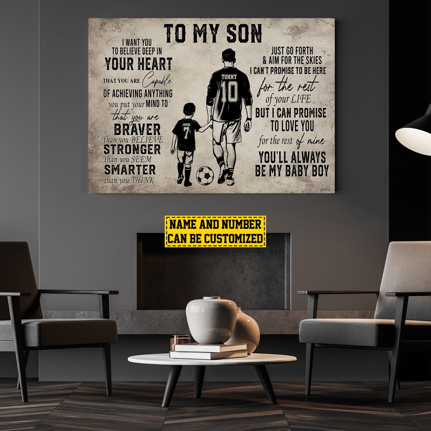 To My Son You Are Braver, Personalized Motivational Soccer Boy Canvas Painting, Inspirational Quotes Soccer Wall Art Decor, Father's Day Poster Gift For Dad And Sons